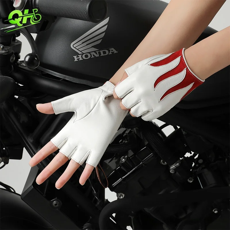 

Genuine Leather Gloves Motorcycles Driving Half Finger Breathable Wearable guanti moto High Quality Sheepskin Mittens Men Women