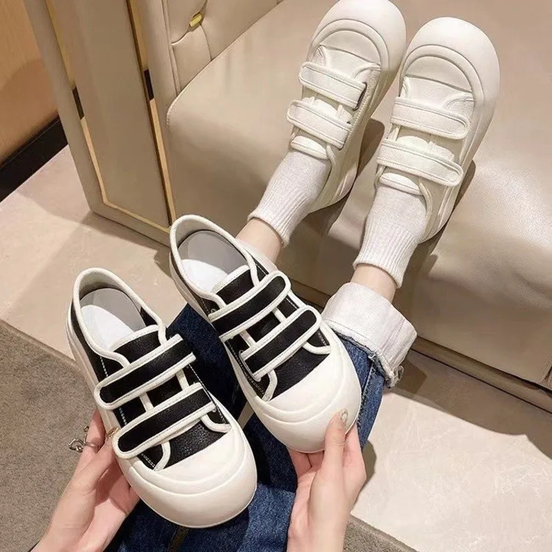 Thick Soled Little White Flat Shoes Women 2024 New Velcro White Canvas Shoes Ugly Big Head Shoes Cookie Sole Single Shoes