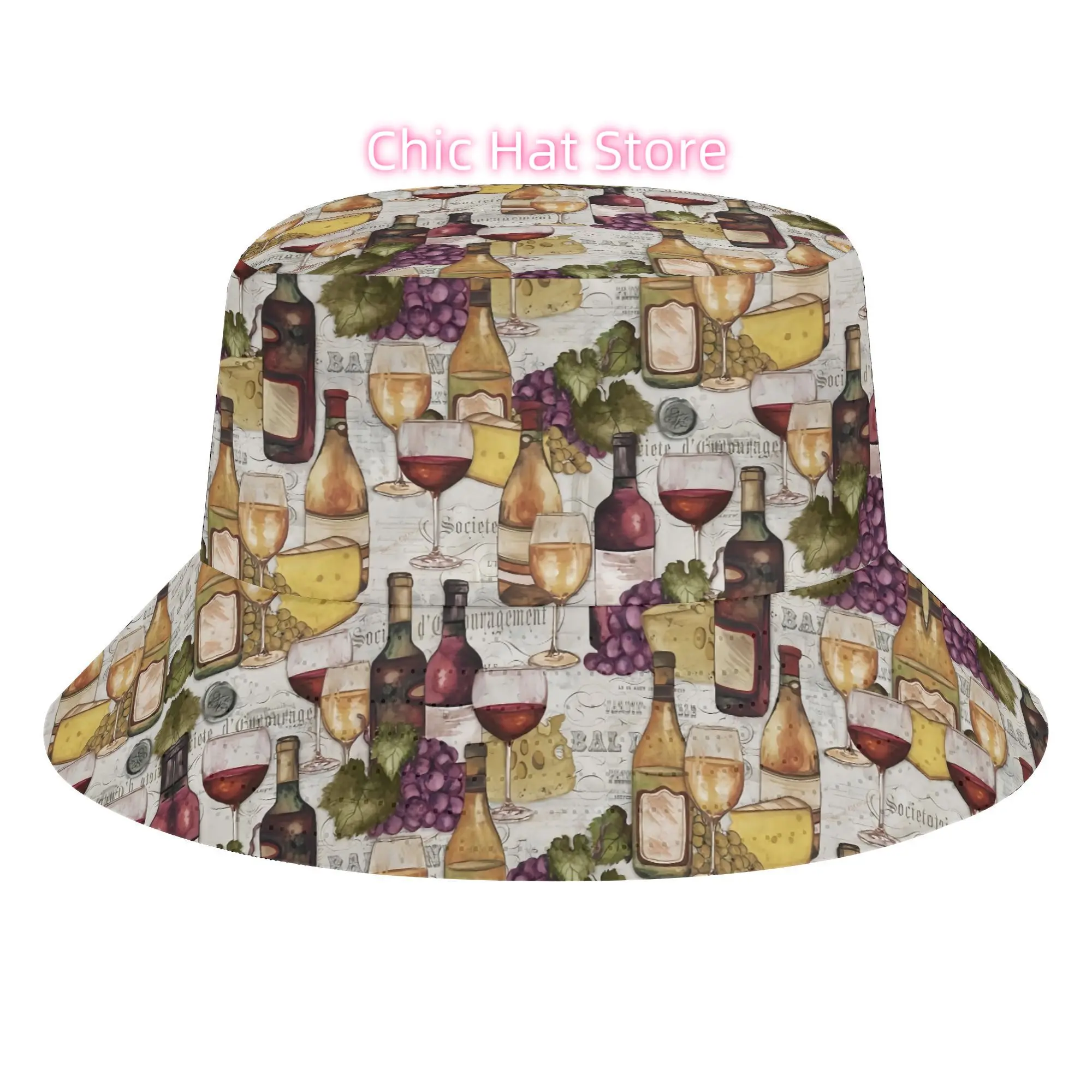 Unisex Bucket Hat with a Vintage Wine And Cheese Design, Perfect for Summer, Hiking, Beach Outings, Retro Parties, And Casual We