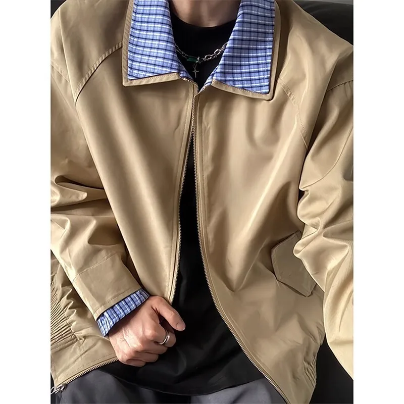 

Men Autumn Harrington Short Fake Two Piece Jacket Vintage Loose Patchwork Turn Down Collar Flight Baseball Suit Coat