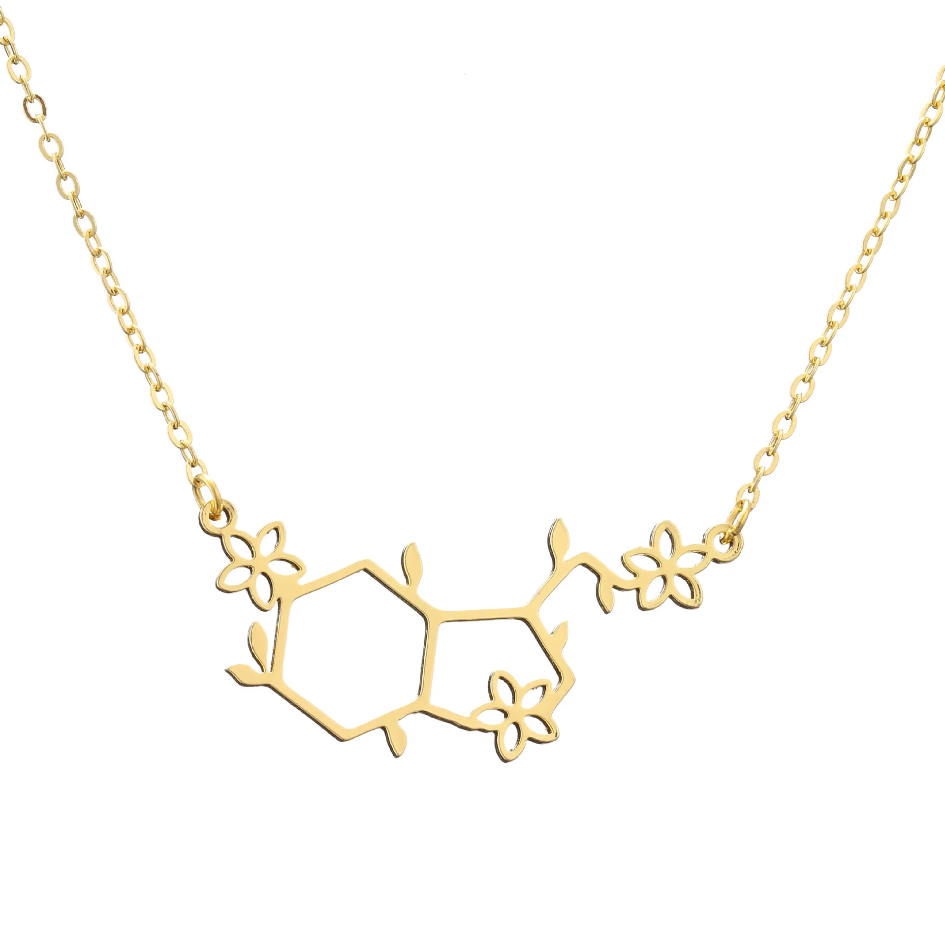 Stainless Steel Hormone Molecule Necklaces for Women Chemical Polygon Happiness Factor Serotonin Pendant Statement Jewelry Gift