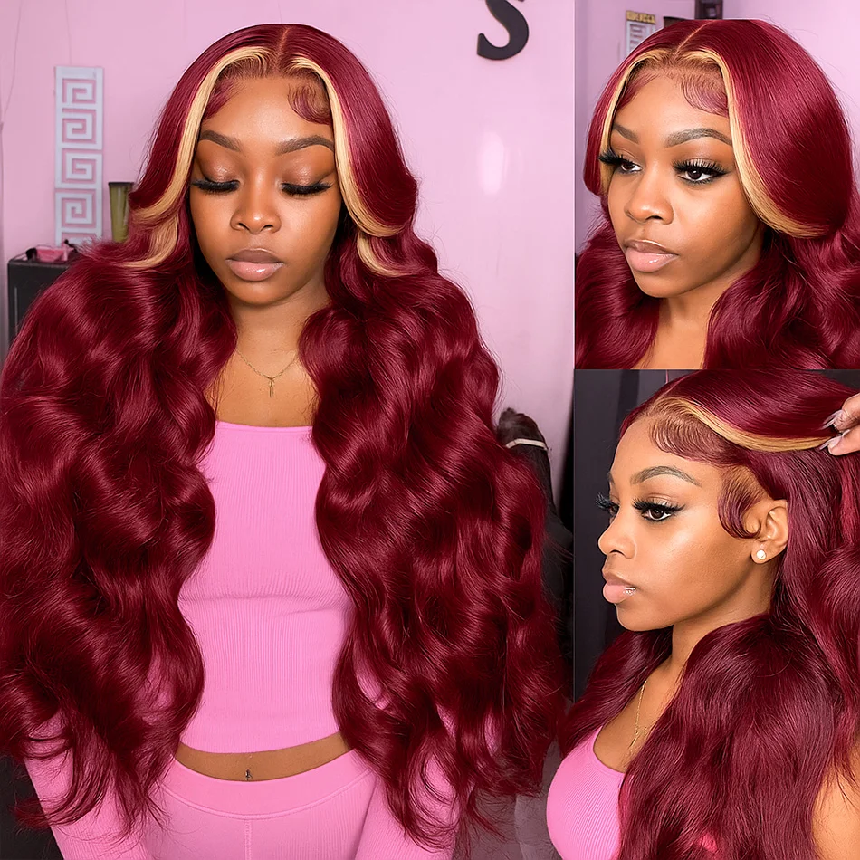 بورجوندي 99J 613 شقراء أبرز شعر مستعار 13x4 الدانتيل الشفاف الباروكة الأمامية 30 بوصة قبل قطعها البرازيلي شعر الإنسان الجسم موجة الباروكات