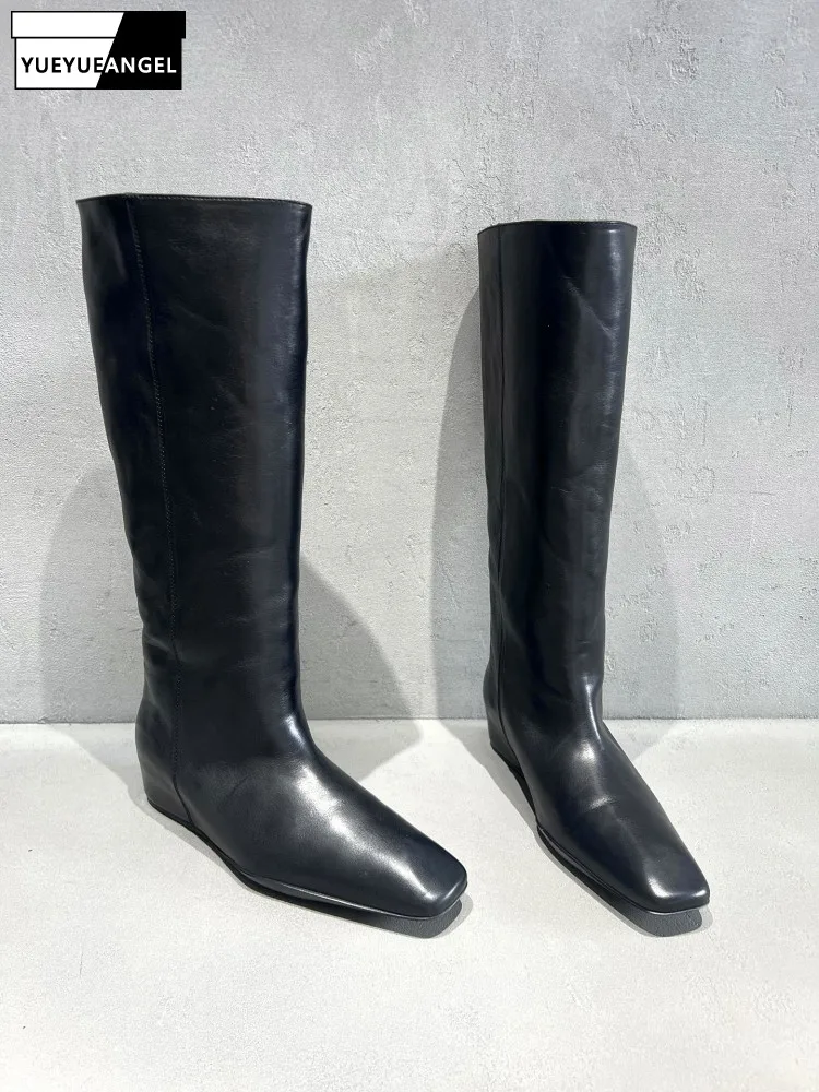 Office Ladies Black Cowhide Tall Boots High Quality Genuine Leather Mid-Calf Length Boots Fashion Wedge Heel Slip-on Footwear