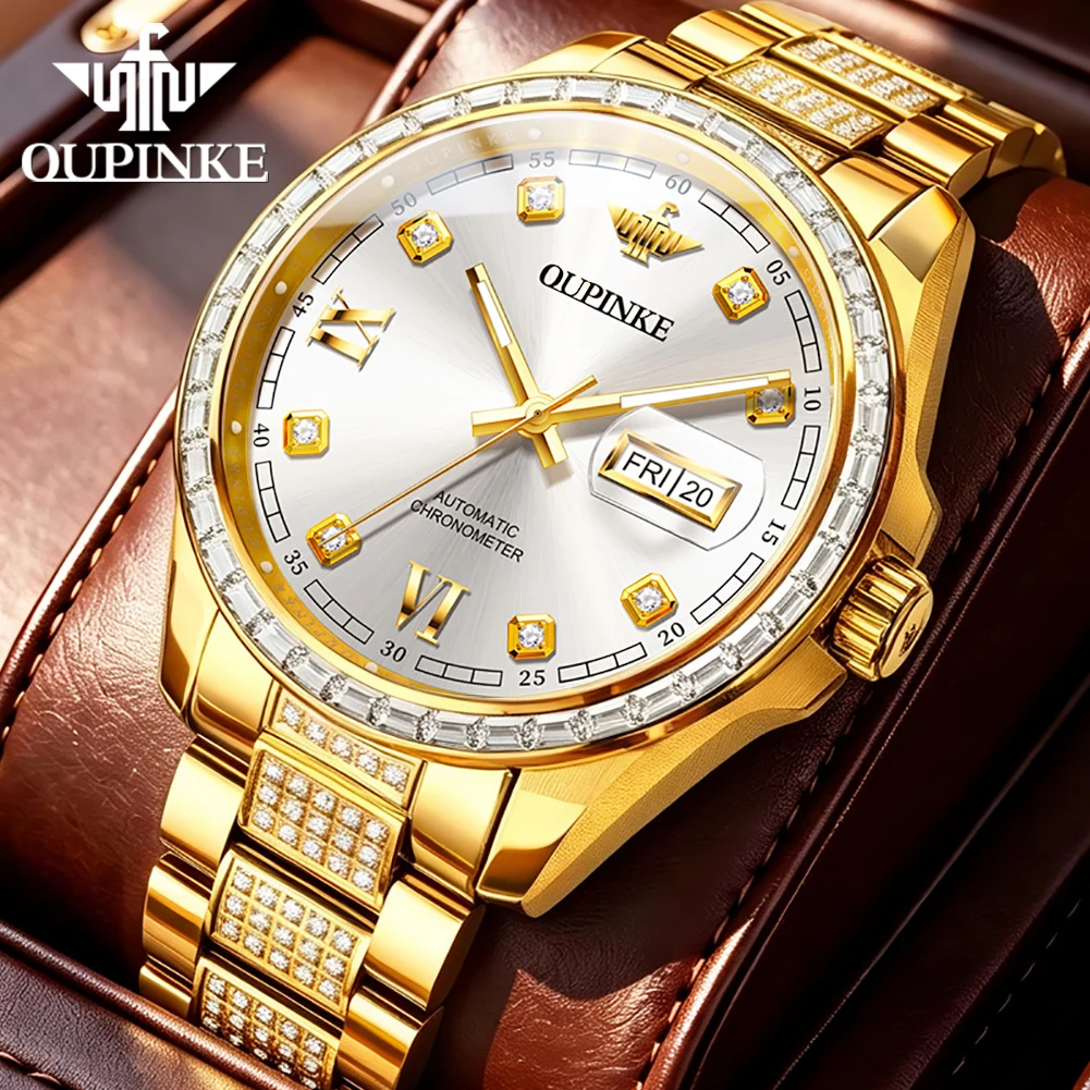 OUPINKE 3328 Automatic Mechanical Men's Watch Full Diamond Strap Stainless steel Dual Calendar Display Men Watches