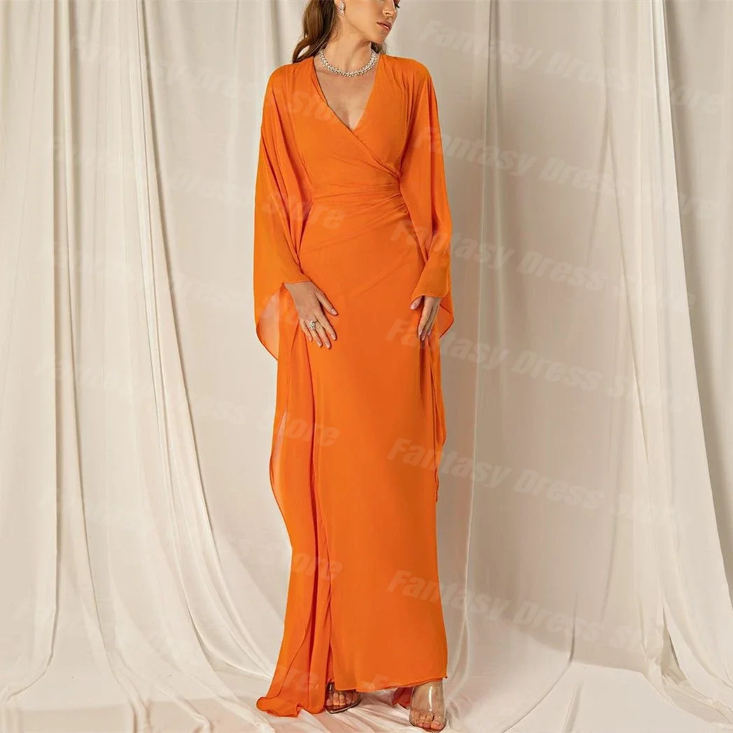 

Fantasy Dress Orange Elegant Long V-Neck Chiffon Evening Dresses With Sleeves فساتين سهرة Sheath Ankle Length Prom Dresses