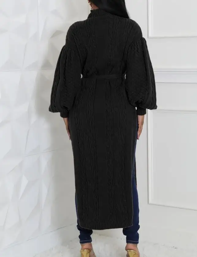 

Женская длинная стильная толстовка с высоким воротником и рукавами-фонариками, галстуком-бабочкой на талии, повседневный вязаный длинный топ с высоким разрезом