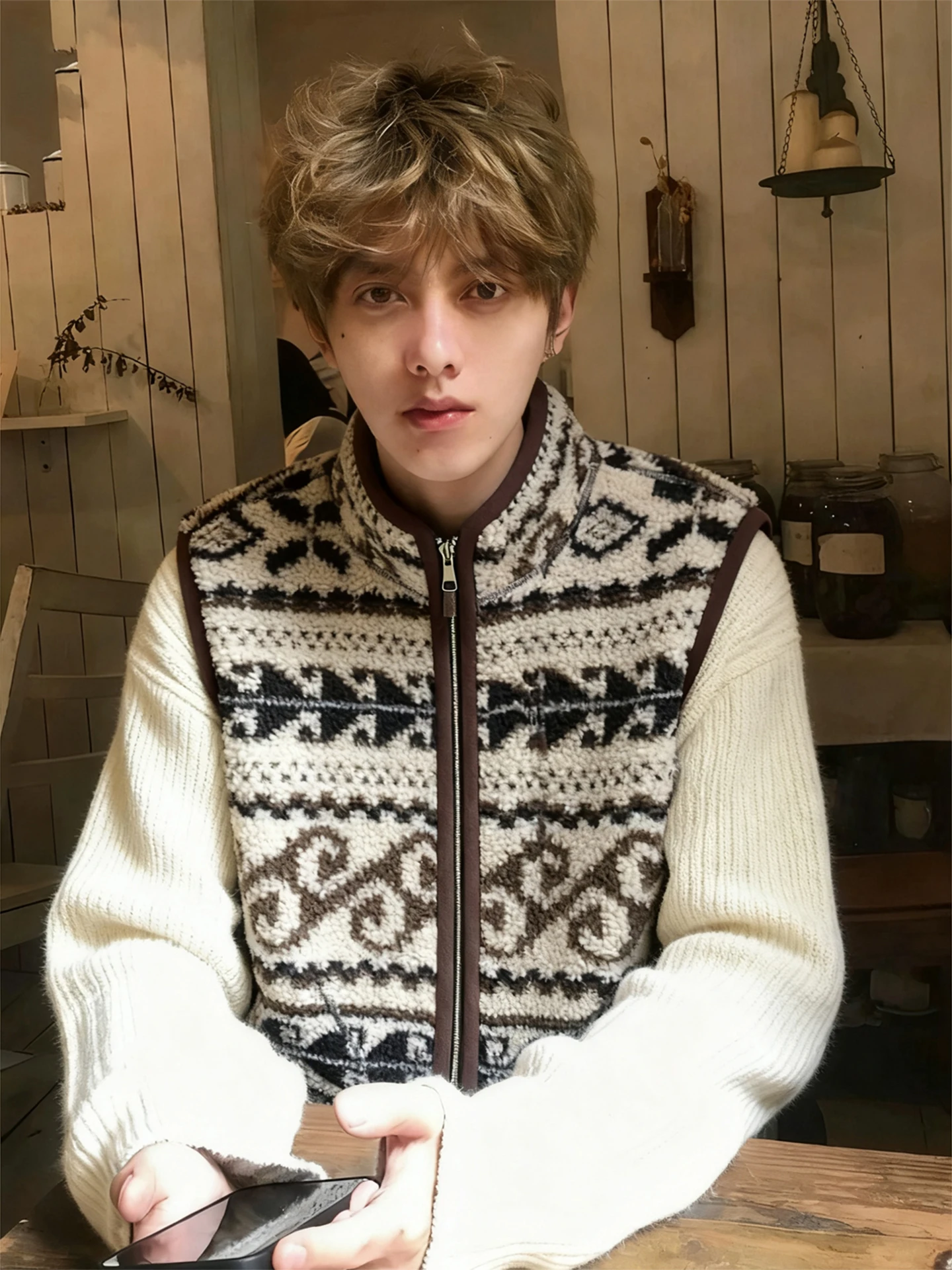 

Thiened Lamb Velvet Vest Men's Loose Winter Fce Lined Jaet Warmth Youth Faion Zipper Closure Geometric Pattern