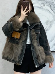 Chic Metal Chain Moto Biker Style Denim Fur Jacket Women Winter Thick Warm Zipper Up Overcoat Loose Casual Short Coat Trendy