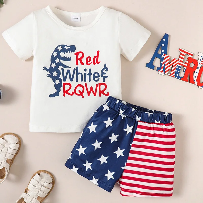 Independence Day Infant Toddler Short Sleeves Shorts Sets Baby Boys Cotton Print Tops Pants Shorts Two-Piece Suit Kids Clothes