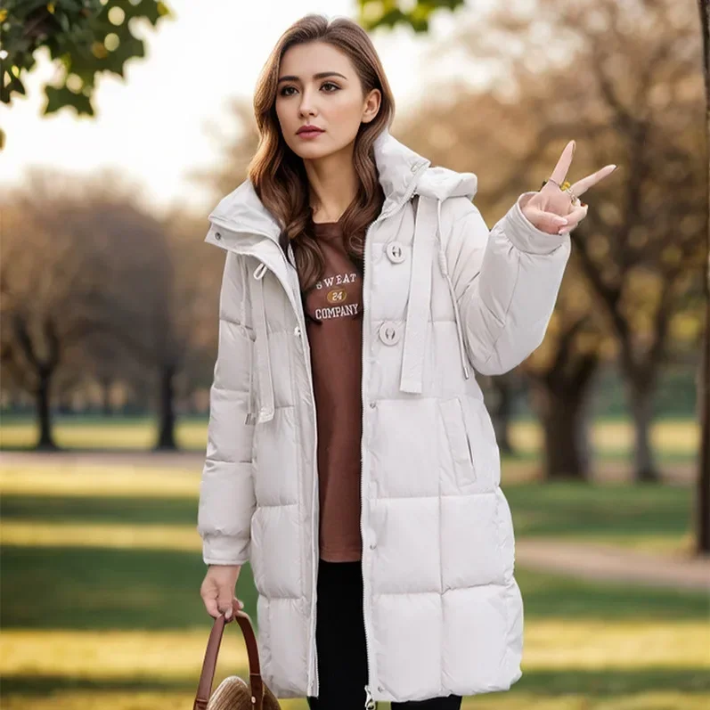 Damska kurtka zimowa 2025, ocieplana, ciepła, z kapturem, kopertowa, podkreślająca pośladki, parka damska, gruba, jednolita, codzienna kurtka bawełniana 2025