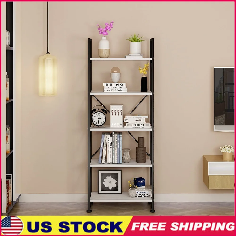 

5-Tier Industrial Bookcase Freestanding Storage Shelf Metal Frame Rustic Bookshelves Living Room Office Bedroom Display