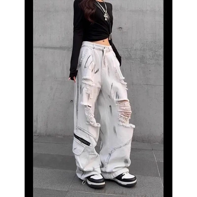 

American Design Sense Subculture White Ripped Graffiti Jeans Large Size Summer Old Dirty Dyed Work Pants