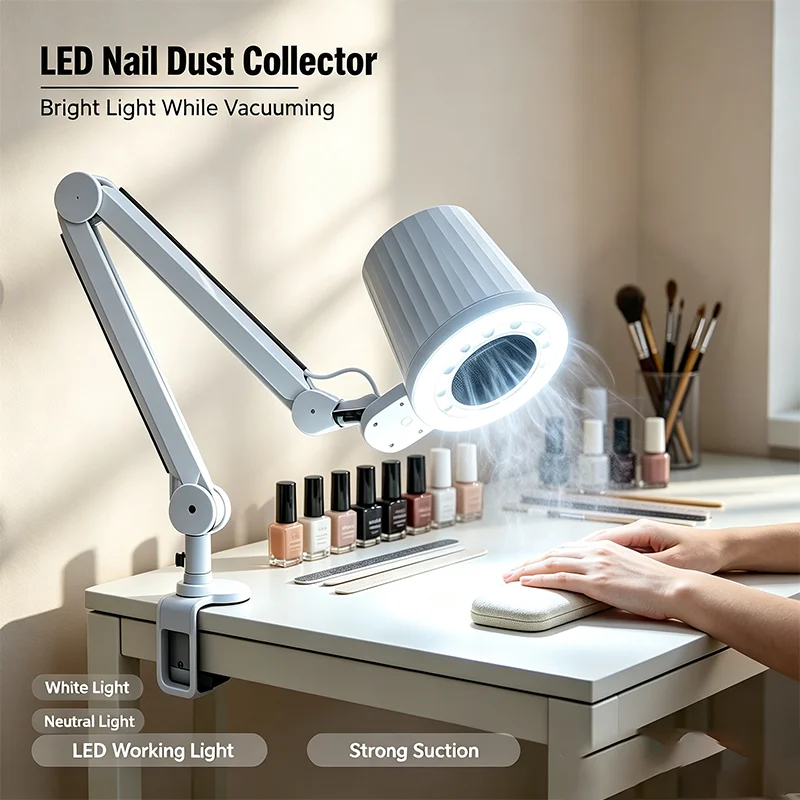 Table Clamp Nail Dust Vacuum Cleaner LED Light Multi Angle Foldable Arm Washable Filter Manicure Pedicure Dust Suction Machine