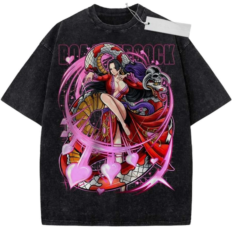 Vintage Gewaschenes Schwarzes T-Shirt One Piece Anime Boa Hancock Schlangen-Print Übergroßes Streetwear-Shirt für Lässige Tägliche Kleidung ​