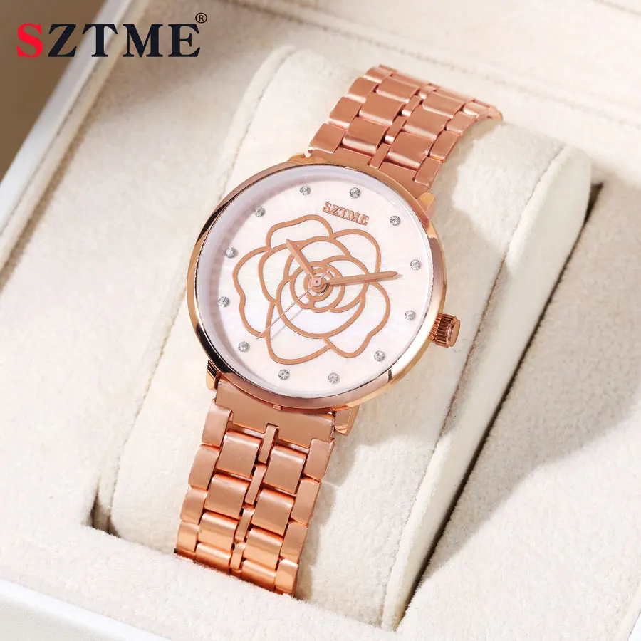 New fashionable and casual women's steel strap watch, rose gold flower shaped luxury diamond inlaid women's quartz watch