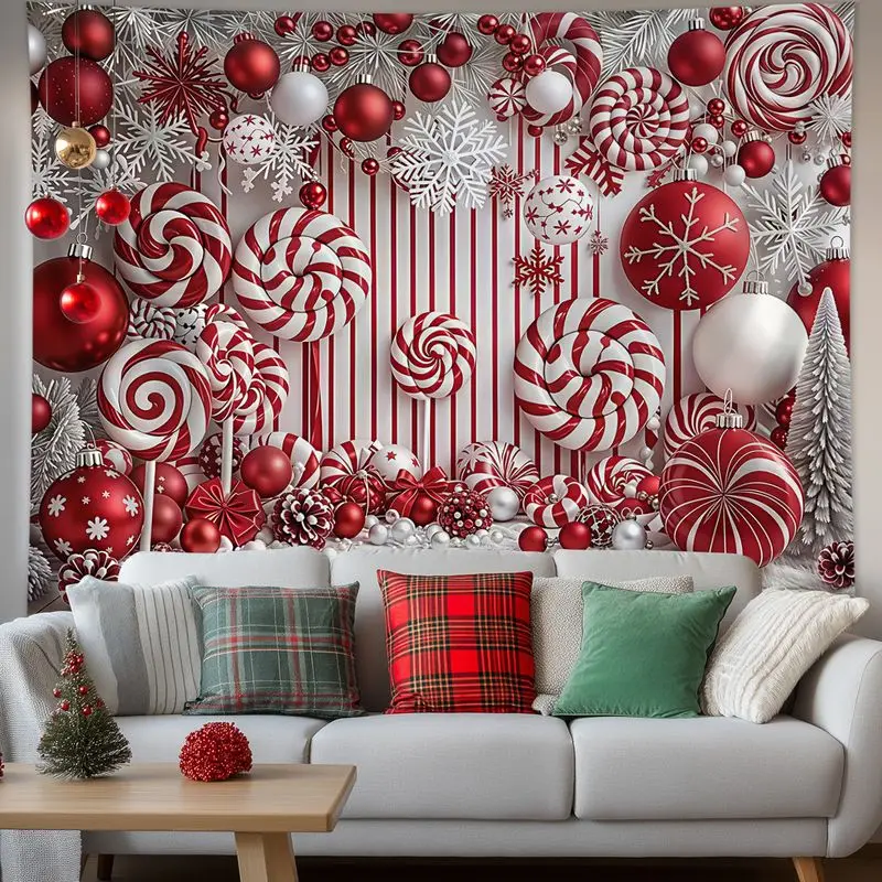 VIKAMA Red Curtain Snow Scene Christmas Tapestry, Elegant Wall Hanging Background Cloth for Dramatic Living Room Decor