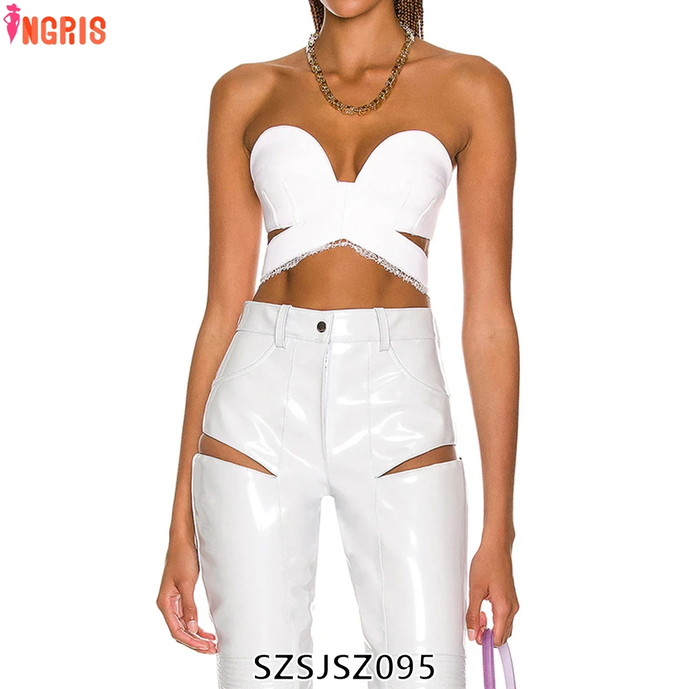 

The Latest Women's Fashion Cut Out White Vest Top and PU Trousers Two Piece Set-SZSJSZ095