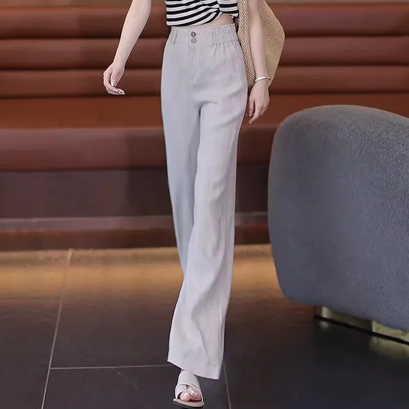 الصيف بارد الكتان السراويل المستقيمة عالية الخصر ضئيلة واسعة الساق السراويل النساء بسيطة بلون تنوعا السراويل الطويلة