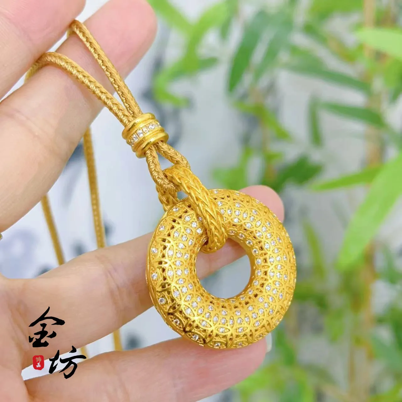 

Gold Shop 24K Real Gold Wire Full Diamond Ancient Coin Pattern Peace Buckle Pendant Au9999 Pure Gold Knitted Women's Necklace
