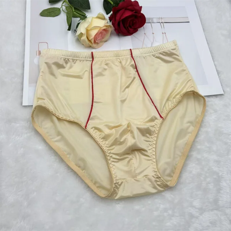 Nouveaux slips pour hommes à taille haute, sexy, en soie lisse, sous-vêtements élastiques ajustés avec dentelle, sous-vêtements triangulaires ajustés