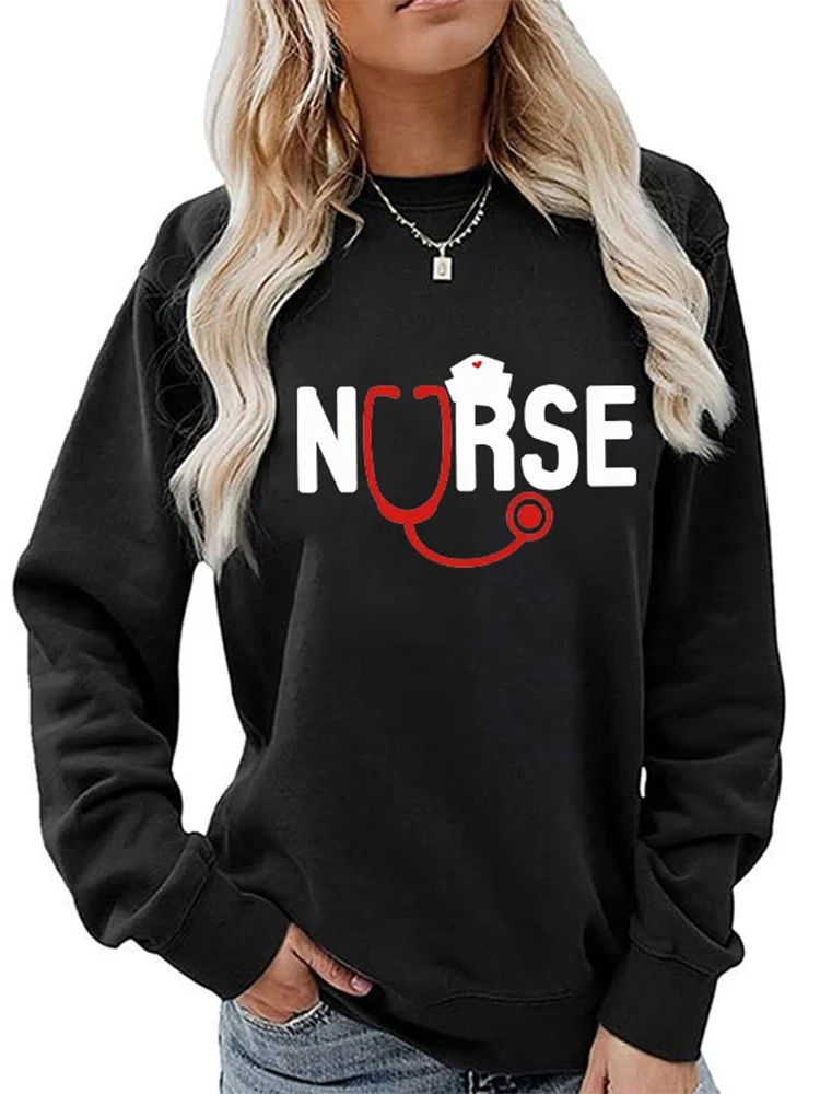 New Women Fashion Nurse Stethoscope Print Sweater For Women Plus Size Funny Long Sleeve Graphic Loose Sweatshirt