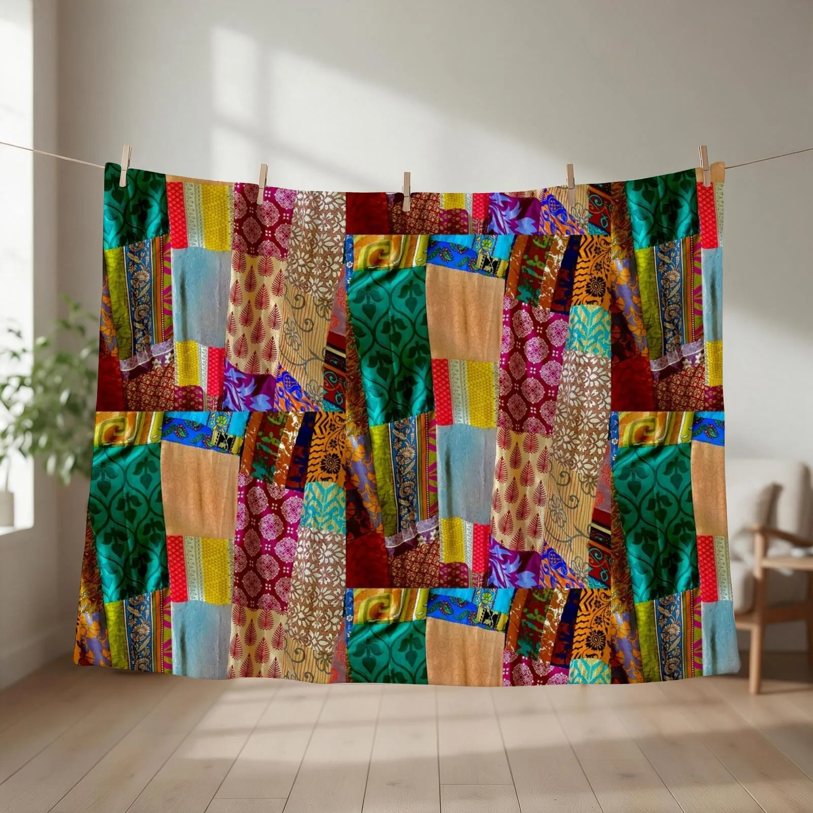 Kantha Silk India Saries repurposed into Boho Goddess Throw Blanket couch cozy soft plush fuzzy picnic outdoor blanket