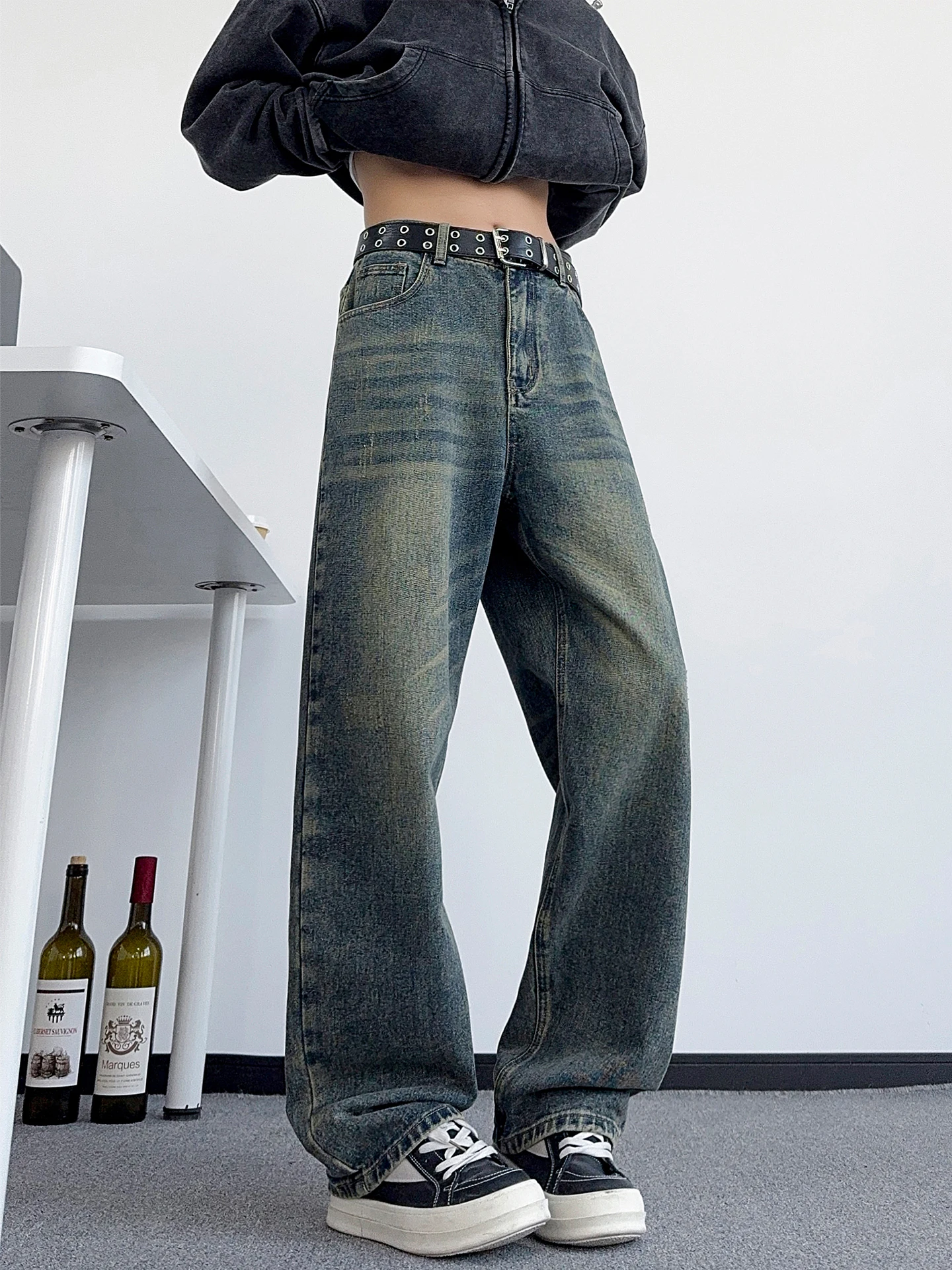 

Мужские джинсы Cleanfit Vintage Blue прямого кроя, повседневные, с высокой талией, широкие штанины, свободный крой, для ежедневной носки, из смесового хлопка и денима