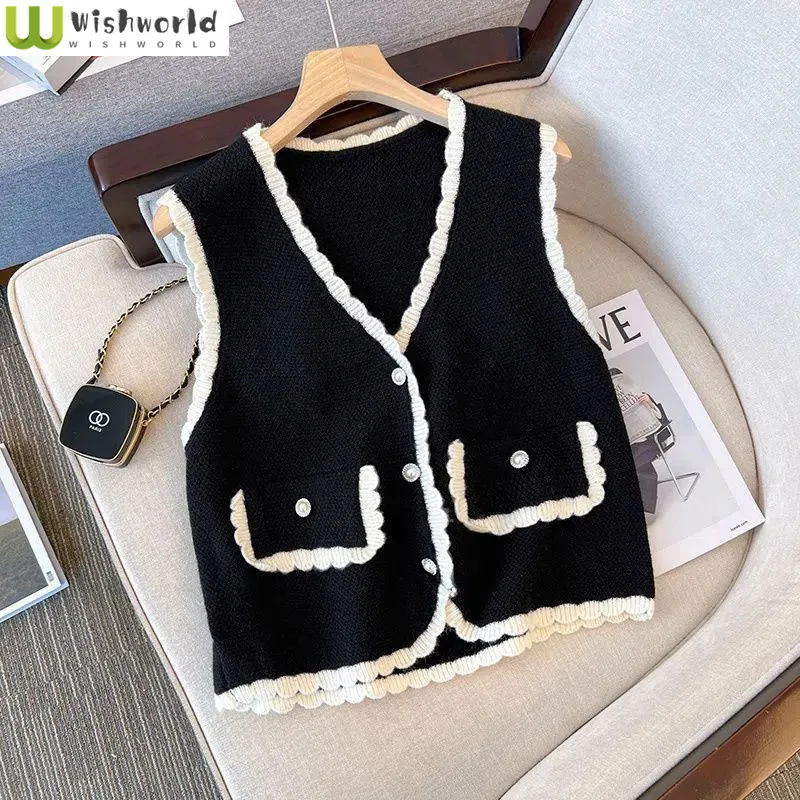 

Autumn and Winter New Korean Edition Small Fragrant V-Neck Contrast Color High End Versatile and Slim Cardigan Tank Top