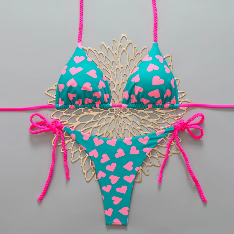 Women’s Micro Bikini Two Piece Printed Beach Thong Bikinis Triangle Top Tie Side Sexy Low Waist Bathing Suits 2026 New