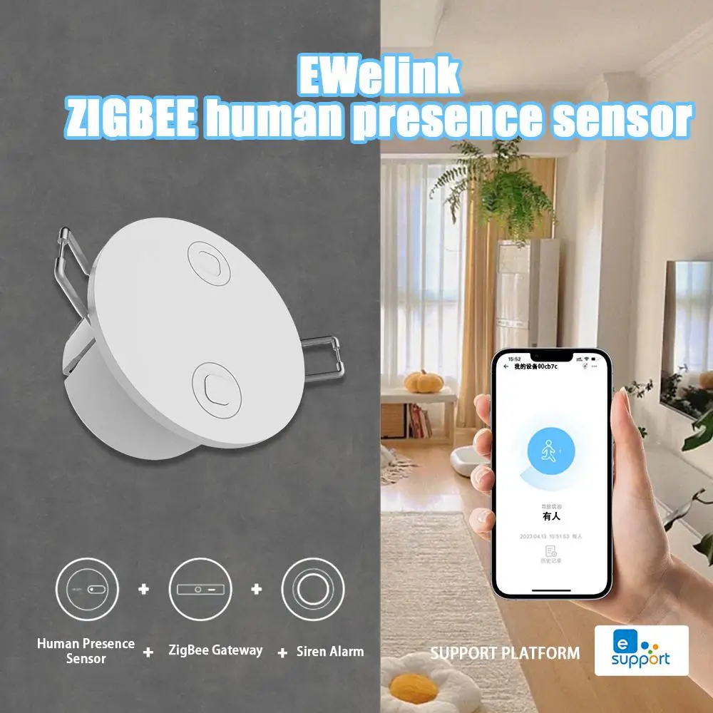 Ewelink ZigBee Smart Human Presence Detector 5.8G MmWave Radar Detector Smart Home Motion Zigbee Sensor Work With Zigbee Gateway