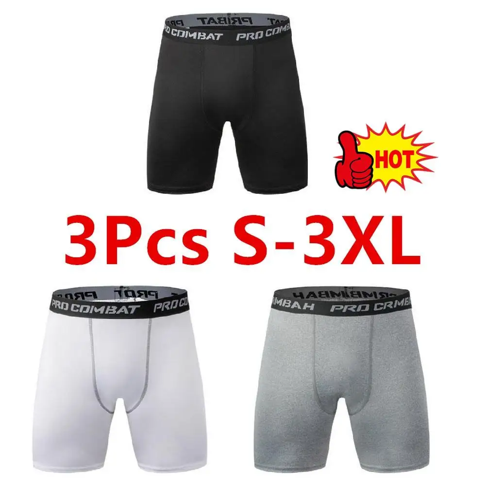 3PCS Men Sports Leggings Fitness Elastic Compression Tights Drying Quick Size Fitness Plus Pants Running Training Stretch Shorts