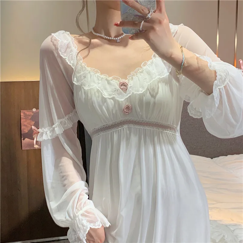 Sleepwear Retro French Court Style Nightdress Sexy Perspective Long Sleeve Home Dress Women Sweet White Lace Princess Nightgown