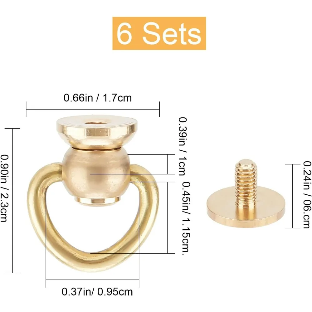 6PCS Brass Ball Studs Rivets D Ring 360 Degree Rotatable Ball Post Head Buttons Screw Buttons Rivets Nails Chicago Making Kit