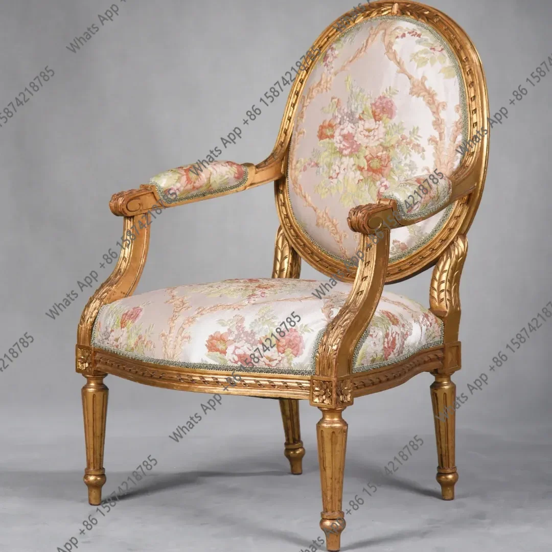 

N64 French gold old solid wood sofa carved dining chair European luxury villa living room jacquard fabric leisure chair
