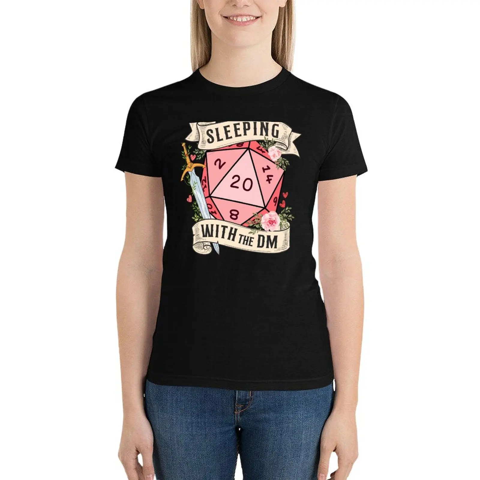 SLEEPING WITH THE DUNGEON MASTER: Cute D20 dnd dice with flowers and sword T-Shirt funnys Women clothes