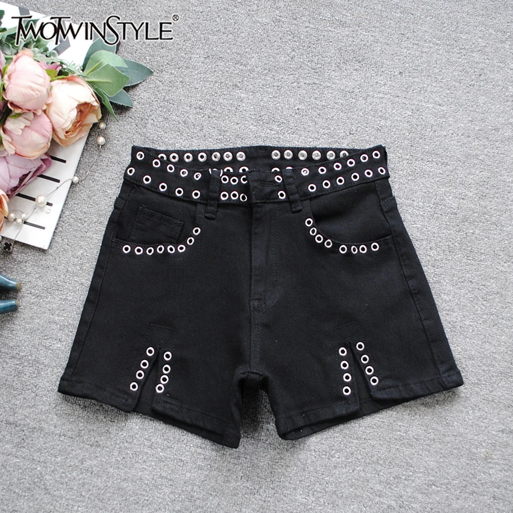 TWOTWINSTYLE Solid Chic Spliced Rivets Shorts For Women High Waist Patchwork Button Streetwear Shorts Female Fashion KPA517402