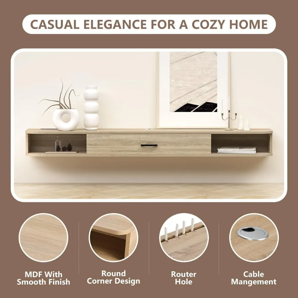 حامل تلفزيون عائم مقاس 70 بوصة مع حامل جداري وتخزين لوحدة التحكم في الوسائط ومشغل DVD #5