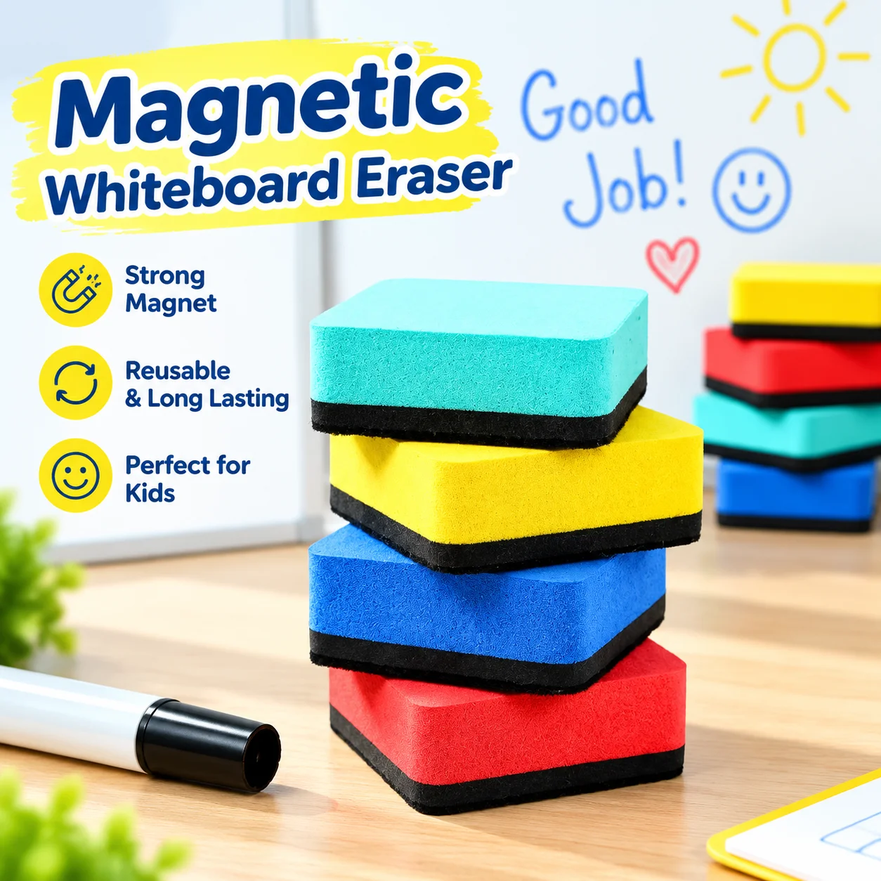 Reusable 5x5cm Magnetic Blackboard Eraser Square Felt Flannel EVA Soft Plush Pad Wipe Clean Tool for Kids Drawing Whiteboard