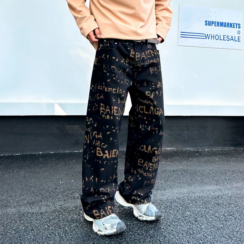 

American tide straight men's jeans trendy personality printing retro fashion casual washed pants mens designer clothes