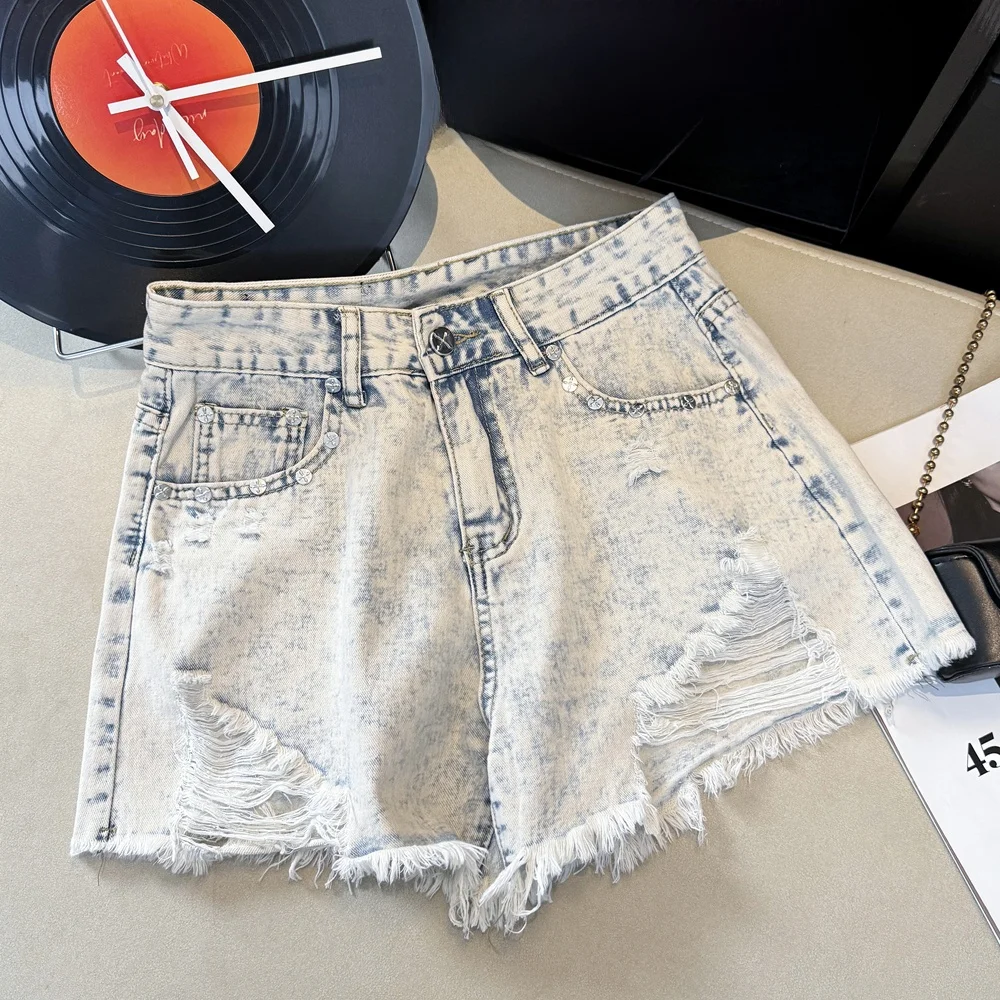 

Светло-голубые джинсовые шорты с вышивкой по низу, женские, летние, новинка, модные, с высокой талией, А-силуэт, из смесового хлопка