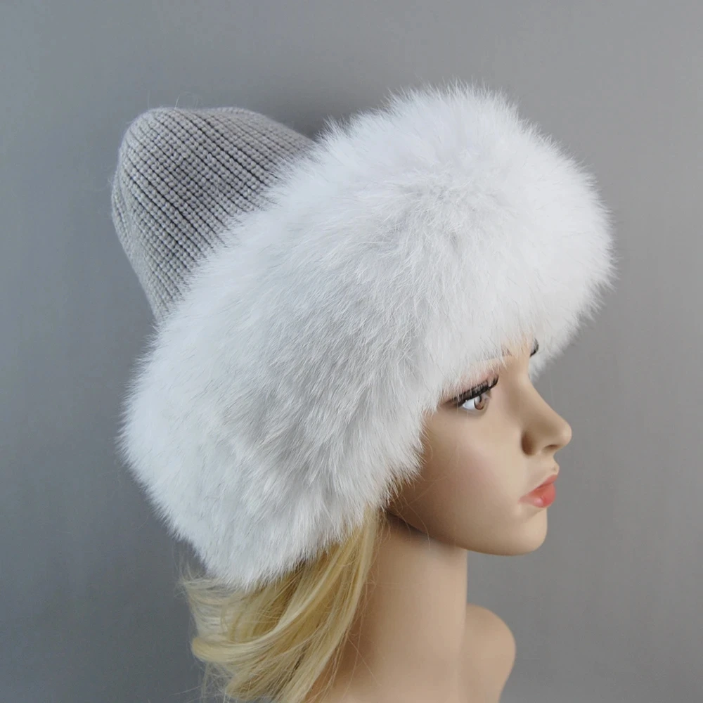 Winter Hats Women Natural Fox Fur Fuffy Warm Fashion Stylish Fedoras Knitted fur hat