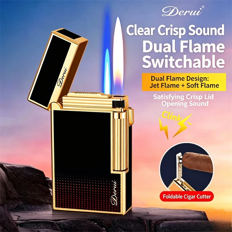 DERUI Narrow Slim Refillable Dual Flame Torch Lighter, Side Slide Wheel Ignition Cigarette Igniter,Portable Smoking Tool for Men