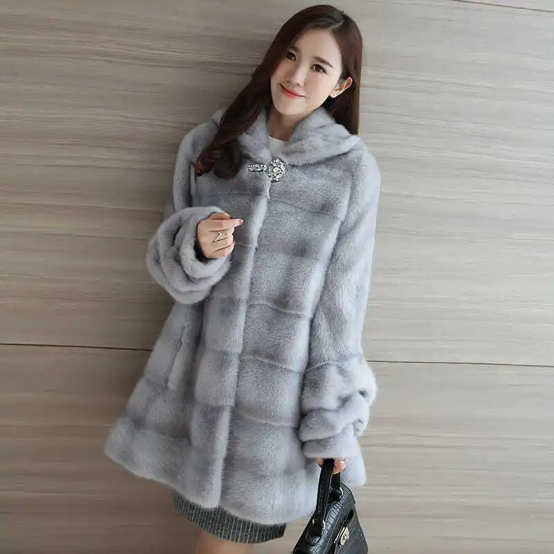 High Quality Robe Faux Fur Coat Outwear New 2024 Korean Style Women Overcoat Winter Thick Warm Fluffy Hooded Faux Fur Coat E3109