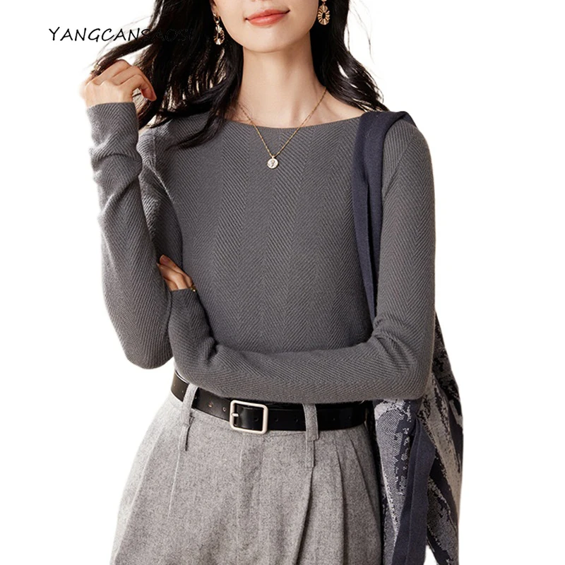 

2025 Autumn/Winter Women's Fashion New Versatile Slim Fit 100% Cashmere Imitation One Neck Loose Casual Knitted Sweater