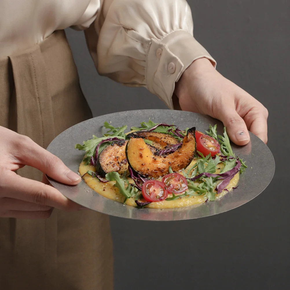 

Stainless Steel Plate Retro Round Food Serving Plate For Home Restaurant Hotel Use Multipurpose Kitchen Tableware