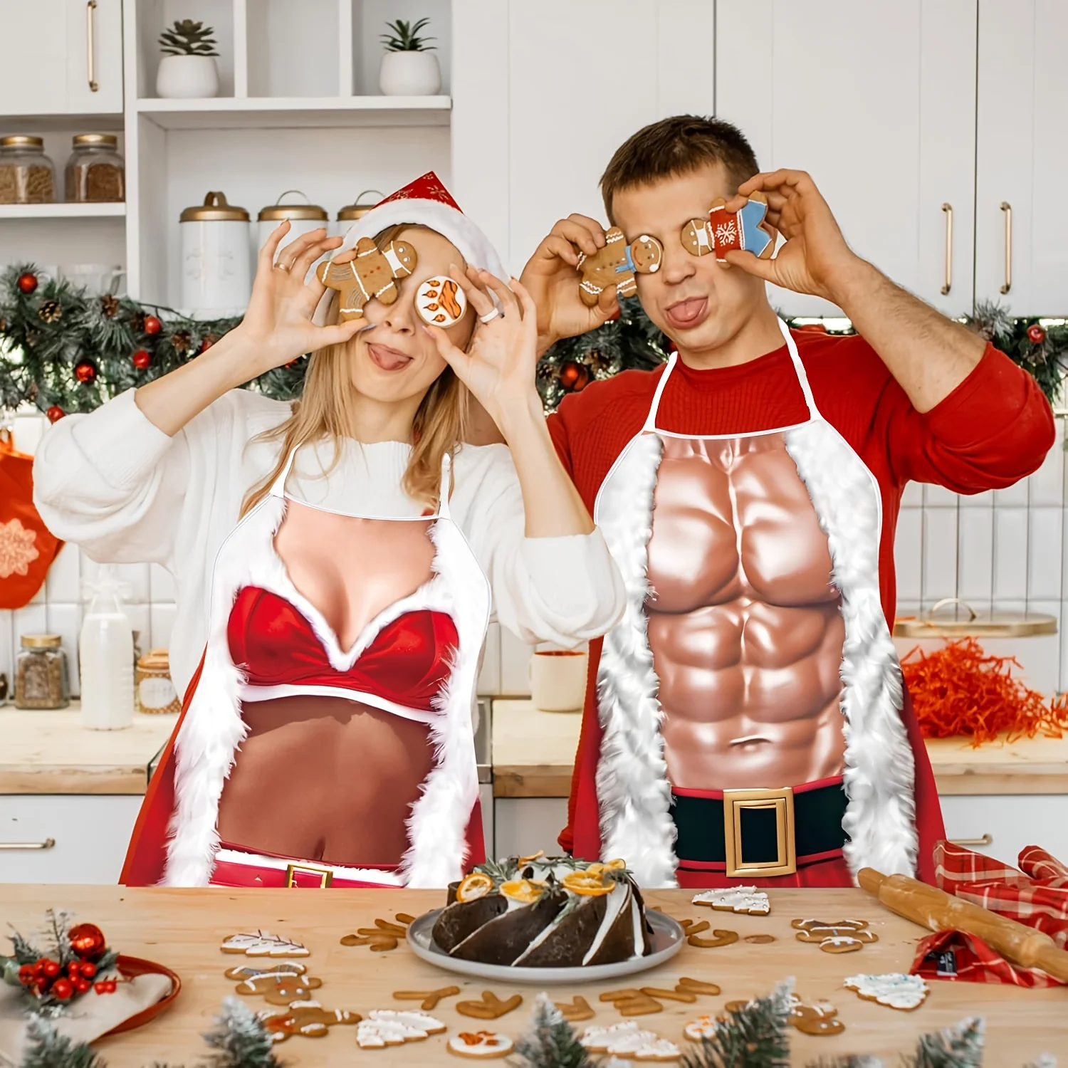 A set of 2-piece Christmas aprons, suitable for both male and female chefs, ideal for couples to use as decorations