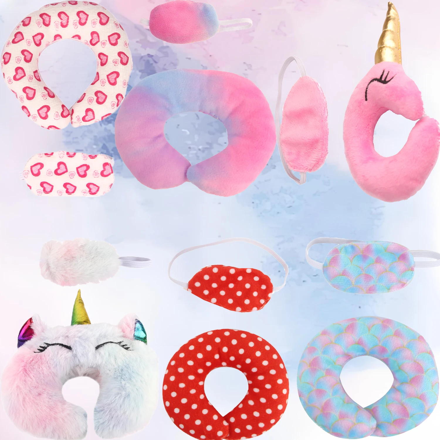 Doll Accessories Neck Pillow+Eye Mask Set Cute Unicorn Plush Heart Neck Pillow Suit For 18-inch American&43cm Baby Newborn Dolls