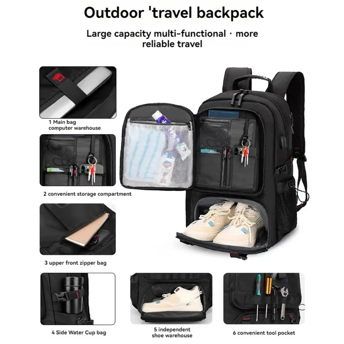 

Большой туристический рюкзак для активного отдыха 60 л, водонепроницаемый, с отделением для обуви и отделением для ноутбука, USB-порт для зарядки