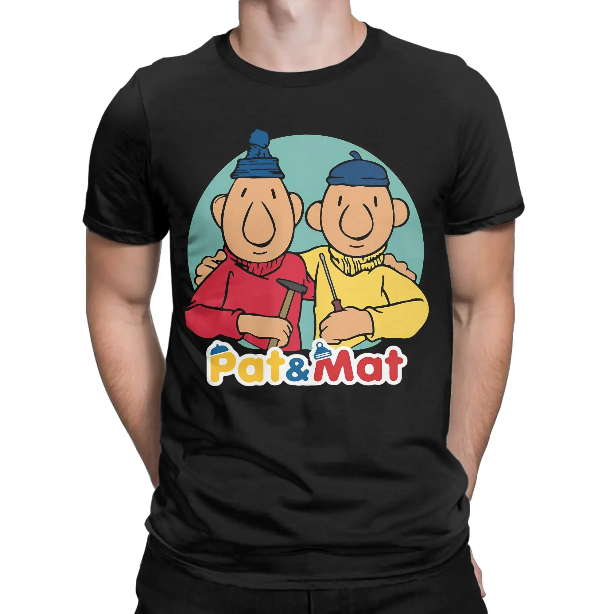 Men Pat and Mat Czechoslovak Cartoon Anime  T Shirt  Pure Cotton Clothes Vintage Short Sleeve Round Neck Tees Printing T-Shirt