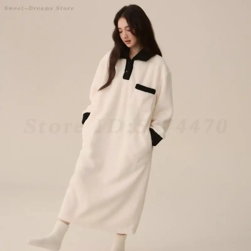 

Autumn Winter Sleepwear Women's Long Coral Fleece Nightgown Loose Casual Nightdress Bathrobe Home Wear Thick Flannel Nightwear
